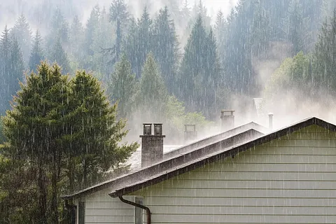 Boligtak i kraftig regnvær med synlig vanndamp, piper og skogkledd landskap i bakgrunnen.