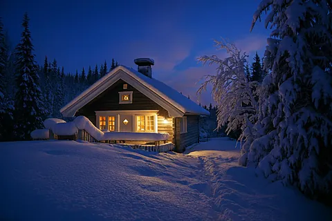 Hytte med opplyste vinduer omgitt av snø og skog, fotografert i blått kveldslys om vinteren.