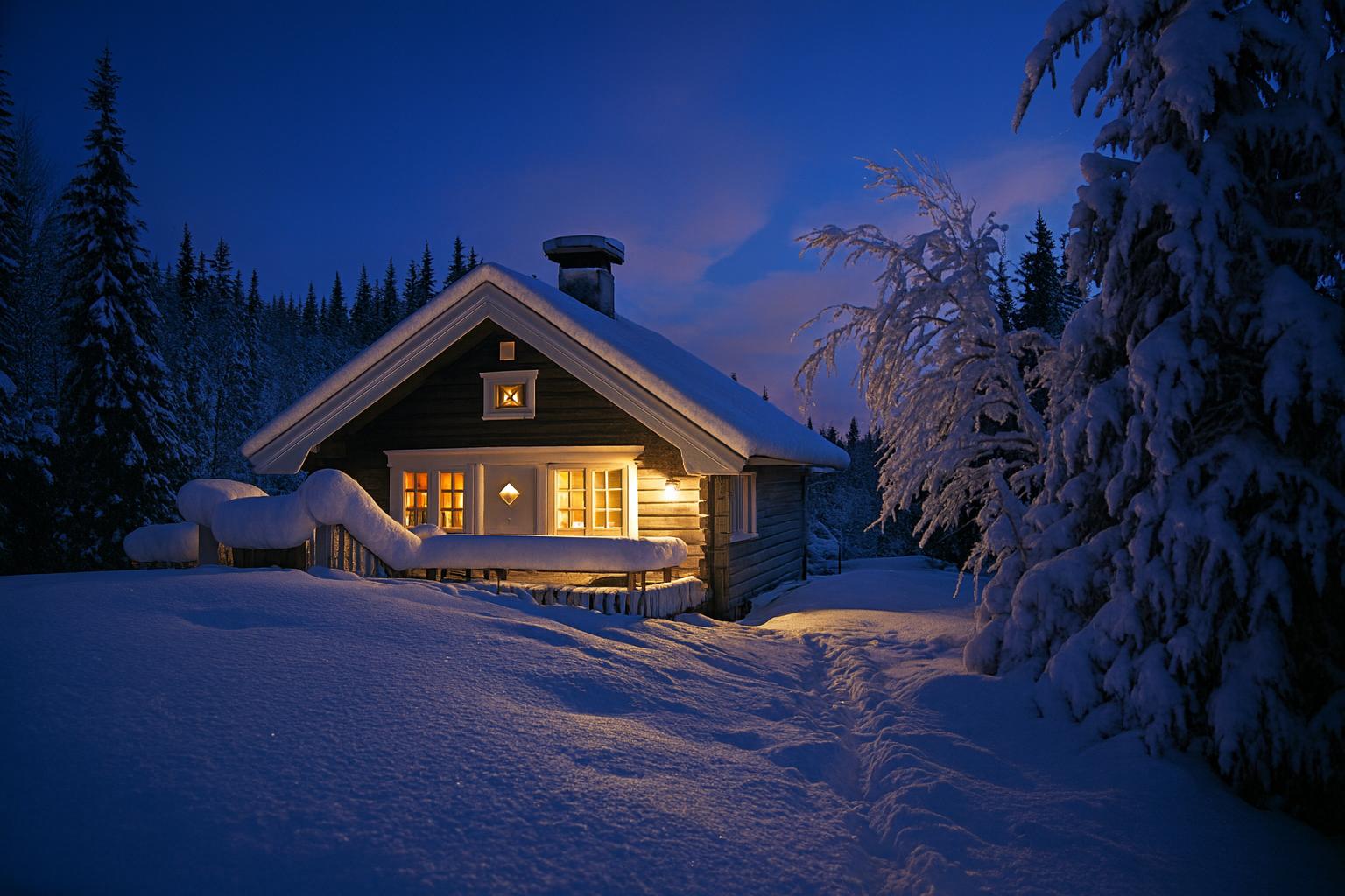 Hytte med opplyste vinduer omgitt av snø og skog, fotografert i blått kveldslys om vinteren.