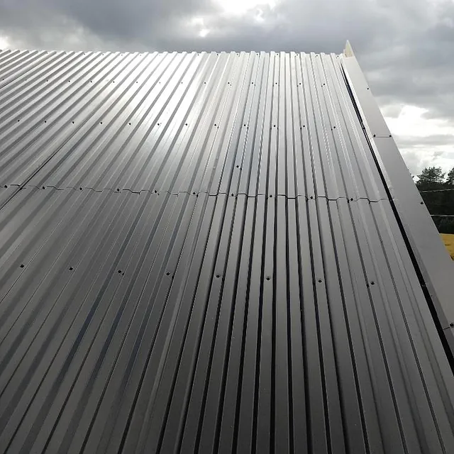 Nærbilde av mørkt platetak med stående profiler og beslag, fotografert mot overskyet himmel.