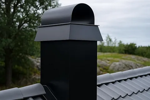Takhatt i sort metall montert på bølgeformet tak, omgitt av vegetasjon og svaberg.