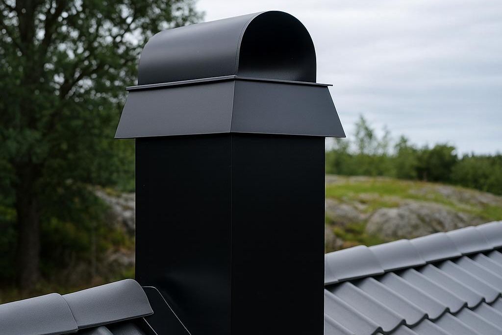 Takhatt i sort metall montert på bølgeformet tak, omgitt av vegetasjon og svaberg.