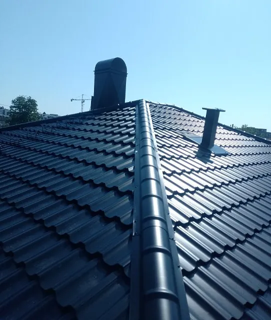 Mørkt metalltak med mønekam, pipe og ventilasjonshatt fotografert i klart solskinn.